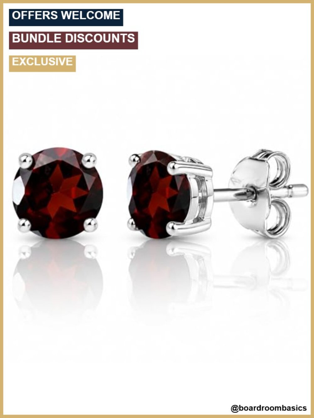 Genuine 925 Sterling Silver Garnet Solitaire Stud Earrings Hypoallergenic